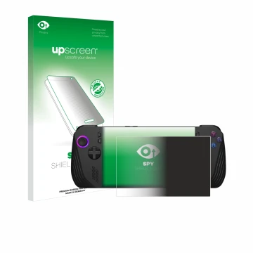 Vorderseite einer Produktverpackung mit dem Markenlogo upscreen. Daneben ist das Gerät ASUS ROG Ally X (2024) mit dem zugehöri