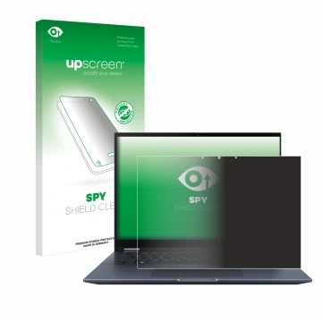 Vorderseite einer Produktverpackung mit dem Markenlogo upscreen. Daneben ist das Gerät ASUS Vivobook S 14 Flip TN3402 mit dem 
