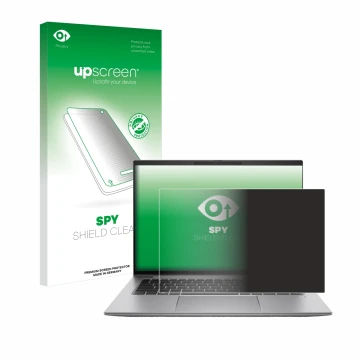Vorderseite einer Produktverpackung mit dem Markenlogo upscreen. Daneben ist das Gerät HP Zbook Firefly 14 G11 mit dem zugehör