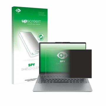 Vorderseite einer Produktverpackung mit dem Markenlogo upscreen. Daneben ist das Gerät Lenovo IdeaPad Pro 5 14AHP9 mit dem zug