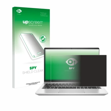 Vorderseite einer Produktverpackung mit dem Markenlogo upscreen. Daneben ist das Gerät HP ProBook 445 G9 mit dem zugehörigen D