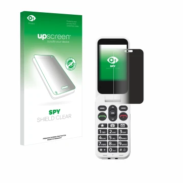 Vorderseite einer Produktverpackung mit dem Markenlogo upscreen. Daneben ist das Gerät Doro Leva L20 mit dem zugehörigen Displ