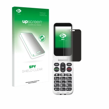 Vorderseite einer Produktverpackung mit dem Markenlogo upscreen. Daneben ist das Gerät Doro Leva L30 mit dem zugehörigen Displ