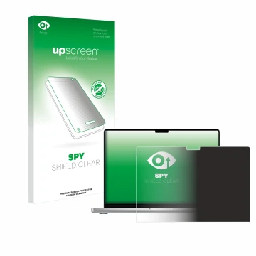 Vorderseite einer Produktverpackung mit dem Markenlogo upscreen. Daneben ist das Gerät Apple MacBook Pro 14