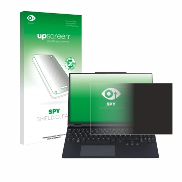 Vorderseite einer Produktverpackung mit dem Markenlogo upscreen. Daneben ist das Gerät Tuxedo InfinityBook Pro 15 Gen 9 mit de