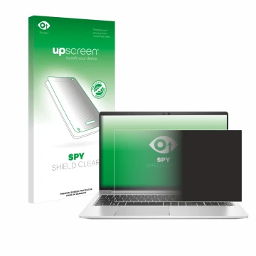 Vorderseite einer Produktverpackung mit dem Markenlogo upscreen. Daneben ist das Gerät HP EliteBook 650 G10 mit dem zugehörige
