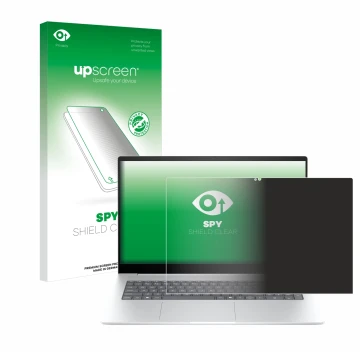 Vorderseite einer Produktverpackung mit dem Markenlogo upscreen. Daneben ist das Gerät HP Envy 17-da0777ng mit dem zugehörigen