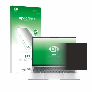 Vorderseite einer Produktverpackung mit dem Markenlogo upscreen. Daneben ist das Gerät HP EliteBook 1040 G11 mit dem zugehörig