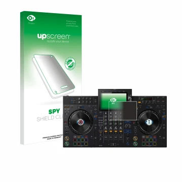 Vorderseite einer Produktverpackung mit dem Markenlogo upscreen. Daneben ist das Gerät Pioneer XDJ-AZ mit dem zugehörigen Disp