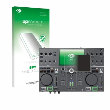 Vorderseite einer Produktverpackung mit dem Markenlogo upscreen. Daneben ist das Gerät Denon DJ Prime Go+ mit dem zugehörigen 