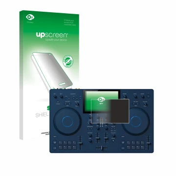 Vorderseite einer Produktverpackung mit dem Markenlogo upscreen. Daneben ist das Gerät AlphaTheta OMNIS-Duo (Jog) mit dem zuge