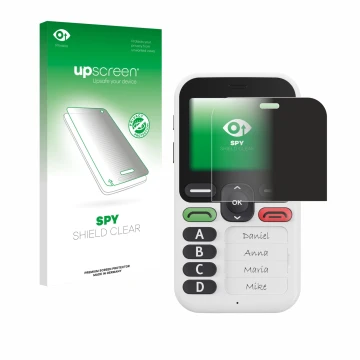 Vorderseite einer Produktverpackung mit dem Markenlogo upscreen. Daneben ist das Gerät Doro Leva X10 mit dem zugehörigen Displ
