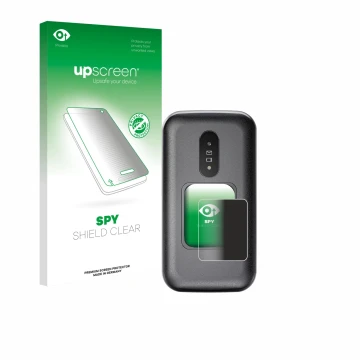 Vorderseite einer Produktverpackung mit dem Markenlogo upscreen. Daneben ist das Gerät Doro 2880 (Äußeres Display) mit dem zug