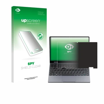Vorderseite einer Produktverpackung mit dem Markenlogo upscreen. Daneben ist das Gerät Chuwi MiniBook X N150 mit dem zugehörig