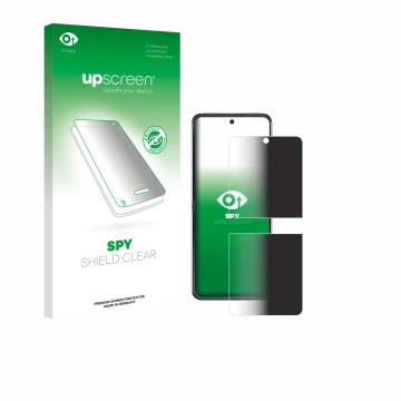 Vorderseite einer Produktverpackung mit dem Markenlogo upscreen. Daneben ist das Gerät Motorola Razr 60 mit dem zugehörigen Di