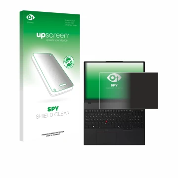 Vorderseite einer Produktverpackung mit dem Markenlogo upscreen. Daneben ist das Gerät Lenovo ThinkPad T16 Gen 4 mit dem zugeh