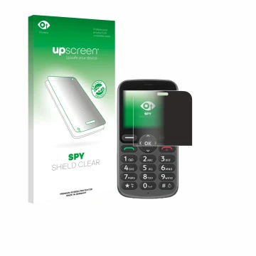 Vorderseite einer Produktverpackung mit dem Markenlogo upscreen. Daneben ist das Gerät Doro 1380 mit dem zugehörigen Displaysc