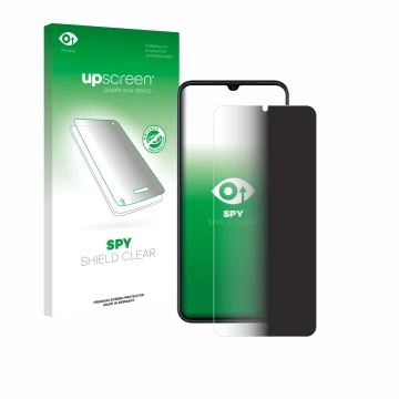 Vorderseite einer Produktverpackung mit dem Markenlogo upscreen. Daneben ist das Gerät Huawei Nova Y61 mit dem zugehörigen Dis