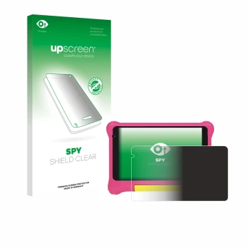 Vorderseite einer Produktverpackung mit dem Markenlogo upscreen. Daneben ist das Gerät Happybe Kids Tablet 7