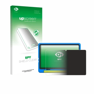 Vorderseite einer Produktverpackung mit dem Markenlogo upscreen. Daneben ist das Gerät Happybe Kids Tablet 10