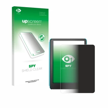 Vorderseite einer Produktverpackung mit dem Markenlogo upscreen. Daneben ist das Gerät Amazon Kindle Colorsoft Kids mit dem zu