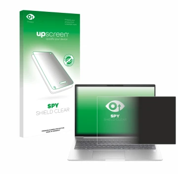Vorderseite einer Produktverpackung mit dem Markenlogo upscreen. Daneben ist das Gerät HP EliteBook 6 G1i 14 mit dem zugehörig