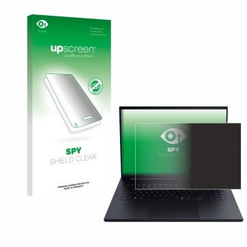 Vorderseite einer Produktverpackung mit dem Markenlogo upscreen. Daneben ist das Gerät Razer Blade 18 2025 mit dem zugehörigen