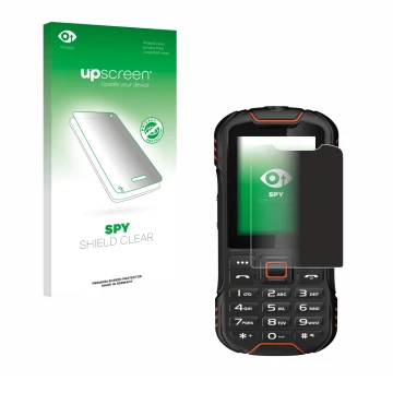 Vorderseite einer Produktverpackung mit dem Markenlogo upscreen. Daneben ist das Gerät Gigaset GLX8 mit dem zugehörigen Displa