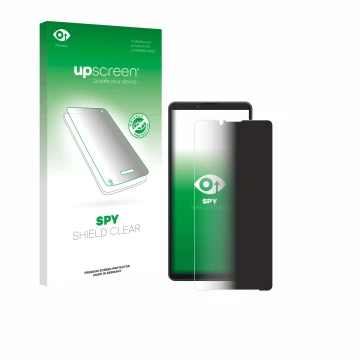 Vorderseite einer Produktverpackung mit dem Markenlogo upscreen. Daneben ist das Gerät Sony Xperia 10 VII mit dem zugehörigen 