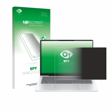 Vorderseite einer Produktverpackung mit dem Markenlogo upscreen. Daneben ist das Gerät HP OmniBook 5 14 mit dem zugehörigen Di