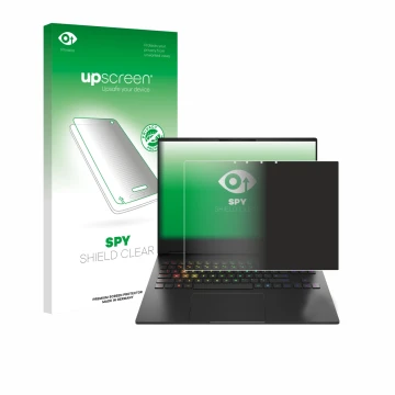 Vorderseite einer Produktverpackung mit dem Markenlogo upscreen. Daneben ist das Gerät HP Omen Transcend 16-u1000nl mit dem zu