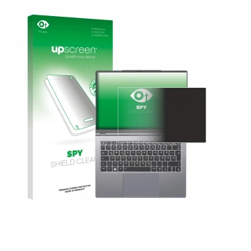 Vorderseite einer Produktverpackung mit dem Markenlogo upscreen. Daneben ist das Gerät Tuxedo InfinityBook Pro 14 Gen 10 mit d