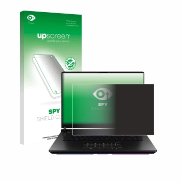 Vorderseite einer Produktverpackung mit dem Markenlogo upscreen. Daneben ist das Gerät ASUS ROG Strix SCAR 18 2025 mit dem zug