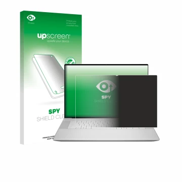Vorderseite einer Produktverpackung mit dem Markenlogo upscreen. Daneben ist das Gerät Dell 16 Premium Laptop mit dem zugehöri