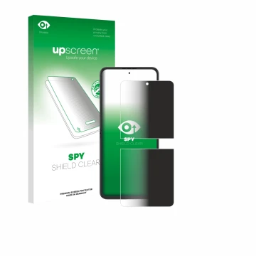 Vorderseite einer Produktverpackung mit dem Markenlogo upscreen. Daneben ist das Gerät Nubia Flip 2 mit dem zugehörigen Displa