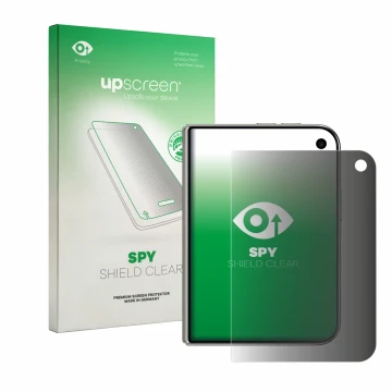 Vorderseite einer Produktverpackung mit dem Markenlogo upscreen. Daneben ist das Gerät Apple iPhone Duo mit dem zugehörigen Di