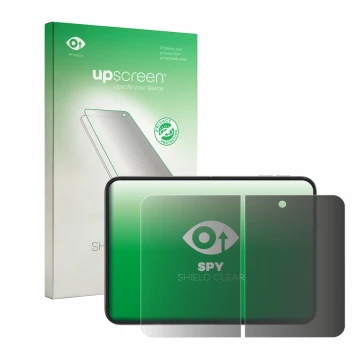 Vorderseite einer Produktverpackung mit dem Markenlogo upscreen. Daneben ist das Gerät Apple iPhone Duo (Inneres Display) mit 