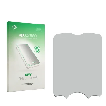 Vorderseite einer Produktverpackung mit dem Markenlogo upscreen. Daneben ist der zugehörige Displayschutz.