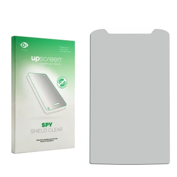 Vorderseite einer Produktverpackung mit dem Markenlogo upscreen. Daneben ist der zugehörige Displayschutz.