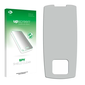 Vorderseite einer Produktverpackung mit dem Markenlogo upscreen. Daneben ist der zugehörige Displayschutz.