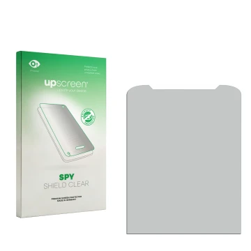 Vorderseite einer Produktverpackung mit dem Markenlogo upscreen. Daneben ist der zugehörige Displayschutz.