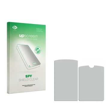 Vorderseite einer Produktverpackung mit dem Markenlogo upscreen. Daneben ist der zugehörige Displayschutz.