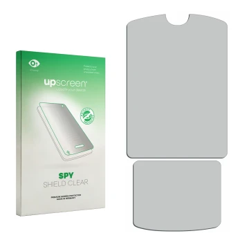 Vorderseite einer Produktverpackung mit dem Markenlogo upscreen. Daneben ist der zugehörige Displayschutz.
