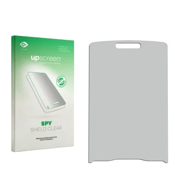 Vorderseite einer Produktverpackung mit dem Markenlogo upscreen. Daneben ist der zugehörige Displayschutz.