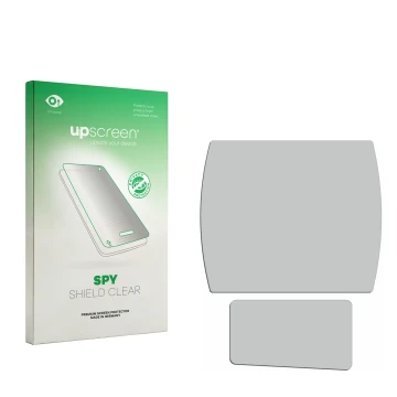 Vorderseite einer Produktverpackung mit dem Markenlogo upscreen. Daneben ist der zugehörige Displayschutz.