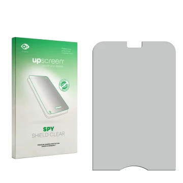Vorderseite einer Produktverpackung mit dem Markenlogo upscreen. Daneben ist der zugehörige Displayschutz.