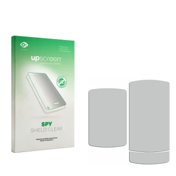 Vorderseite einer Produktverpackung mit dem Markenlogo upscreen. Daneben ist der zugehörige Displayschutz.