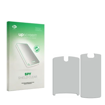 Vorderseite einer Produktverpackung mit dem Markenlogo upscreen. Daneben ist der zugehörige Displayschutz.