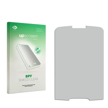 Vorderseite einer Produktverpackung mit dem Markenlogo upscreen. Daneben ist der zugehörige Displayschutz.