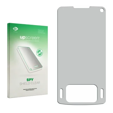 Vorderseite einer Produktverpackung mit dem Markenlogo upscreen. Daneben ist der zugehörige Displayschutz.